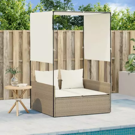 Lettino Prendisole con Tetto e Tende Beige in Polyrattan