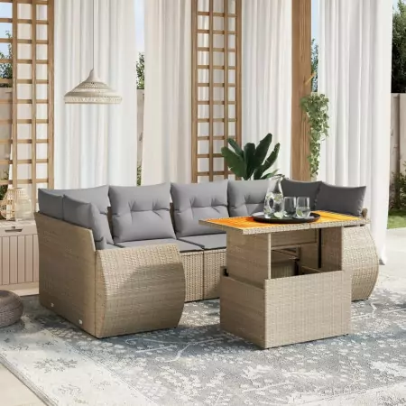 Set Divani da Giardino 7 pz con Cuscini Beige in Polyrattan