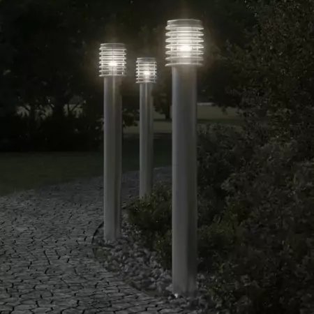 Lampade da Terra Esterni con Presa 3 pz Argento 110 cm Acciaio