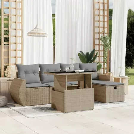 Set Divano da Giardino 6 pz con Cuscini Beige in Polyrattan