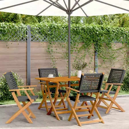 Sedie Giardino Pieghevoli 4 pz Nere Polyrattan e Legno Massello