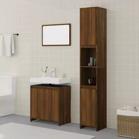 Set Mobili da Bagno 3 pz Rovere Marrone in Legno Multistrato