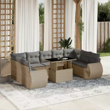 Set Divano da Giardino 10 pz con Cuscini Beige in Polyrattan