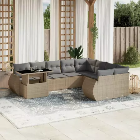 Set Divano da Giardino 10 pz con Cuscini Beige in Polyrattan