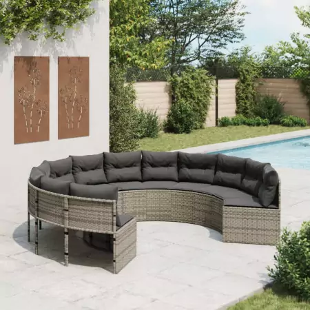 Divano da Giardino con Cuscini Circolare Grigio in Polyrattan