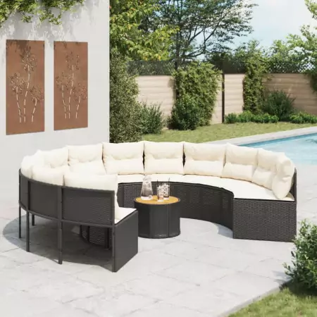 Divano Giardino con Tavolo e Cuscini Circolare Nero Polyrattan