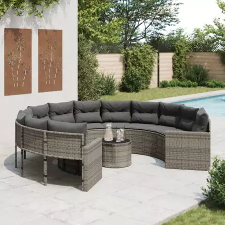 Divano da Giardino Tavolo e Cuscini Circolare Grigio Polyrattan