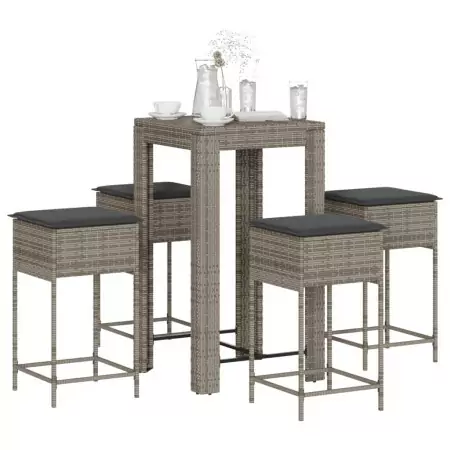 Set Bar da Giardino 5 pz con Cuscini in Polyrattan Grigio