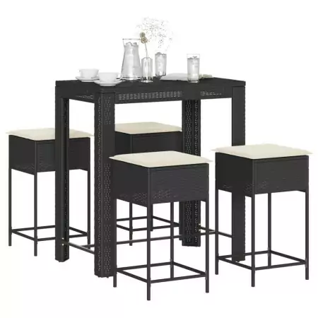 Set Bar da Giardino 5 pz con Cuscini in Polyrattan Nero