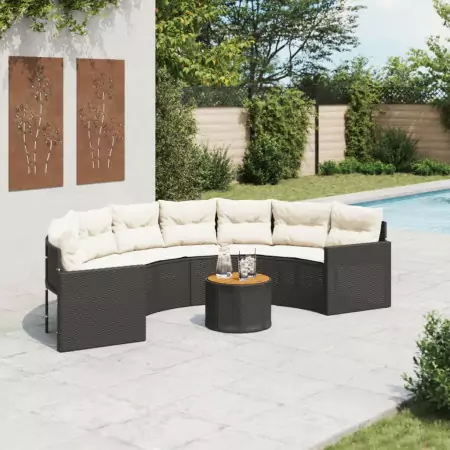 Divano Giardino Tavolo e Cuscini Semicircolare Nero Polyrattan