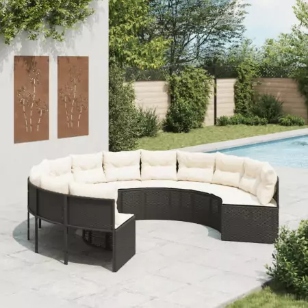 Divano da Giardino con Cuscini Circolare Nero in Polyrattan