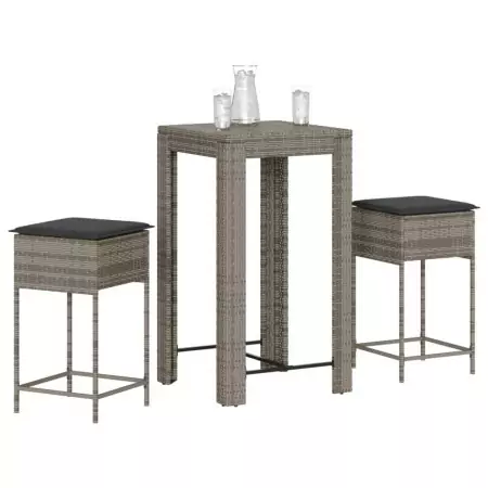 Set Bar da Giardino 3pz con Cuscini Grigio in Polyrattan