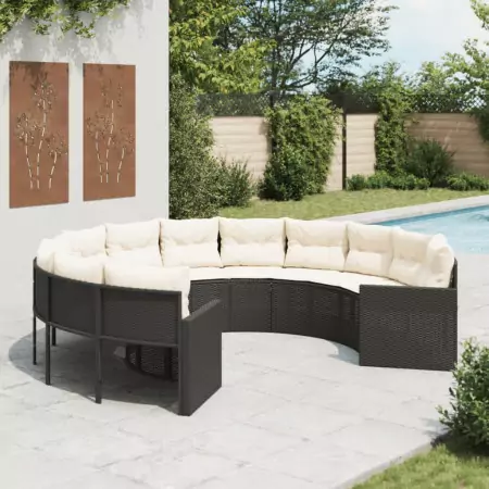 Divano da Giardino con Cuscini Circolare Nero in Polyrattan