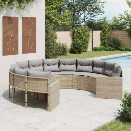 Divano da Giardino con Cuscini Circolare Beige in Polyrattan