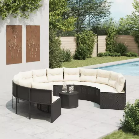 Divano Giardino con Tavolo e Cuscini Circolare Nero Polyrattan