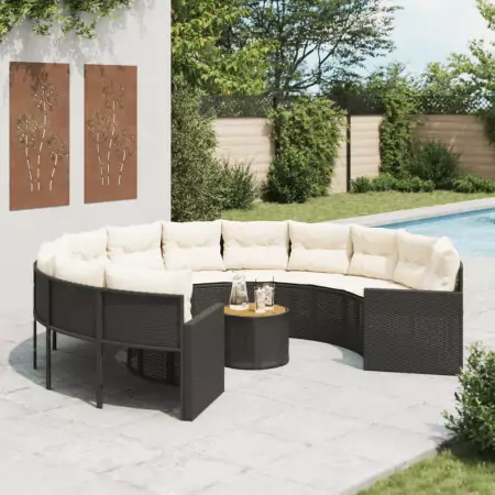 Divano Giardino con Tavolo e Cuscini Circolare Nero Polyrattan