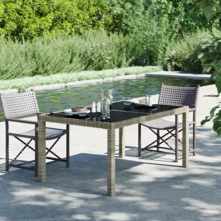 Tavolo Giardino 150x90x75cm Vetro Temperato e Polyrattan Grigio