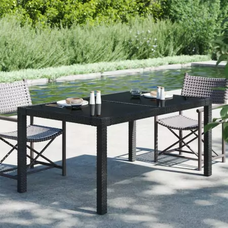 Tavolo Giardino 150x90x75 cm Vetro Temperato e Polyrattan Nero