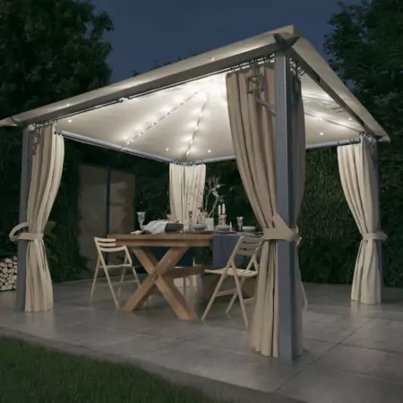 Gazebo con Tende Stringa di Luci LED 300x300 cm Crema Alluminio