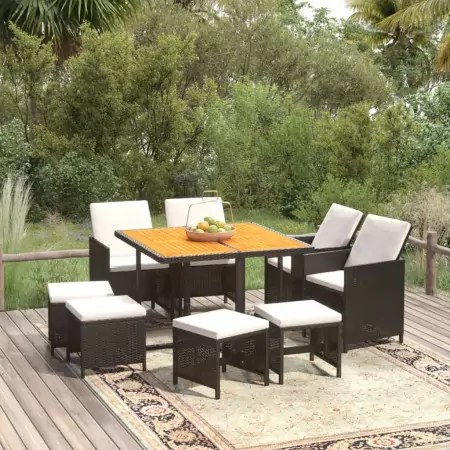 Set da Pranzo per Giardino 9pz con Cuscini in Polyrattan Nero