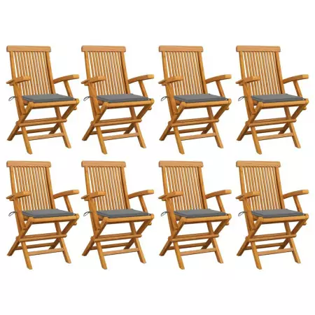 Sedie da Giardino con Cuscini Grigi 8 pz in Massello di Teak