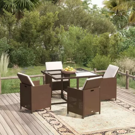 Set da Pranzo per Giardino 5 pz con Cuscini Polyrattan Marrone