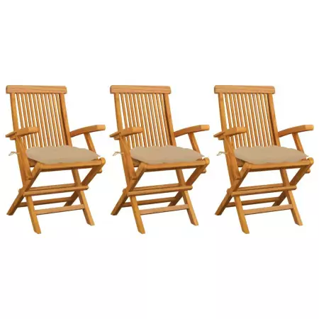 Sedie da Giardino con Cuscini Beige 3 pz Massello di Teak