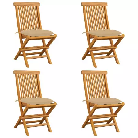 Sedie da Giardino con Cuscini Beige 4 pz Massello di Teak