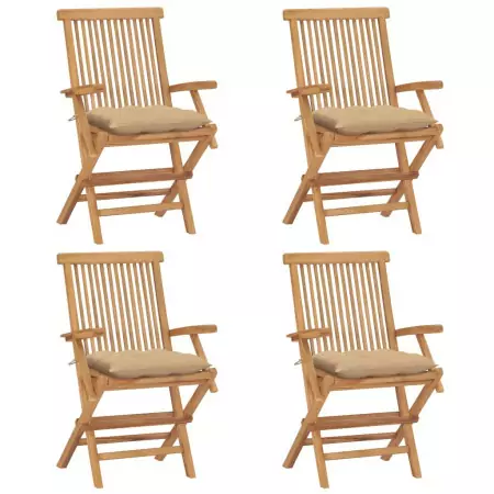 Sedie da Giardino con Cuscini Beige 4 pz Massello di Teak