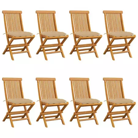 Sedie da Giardino con Cuscini Beige 8 pz in Massello di Teak