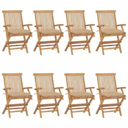 Sedie da Giardino con Cuscini Beige 8 pz in Massello di Teak