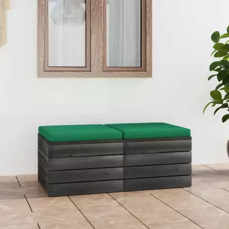 Pouf da Giardino su Pallet 2 pz con Cuscini in Massello di Pino