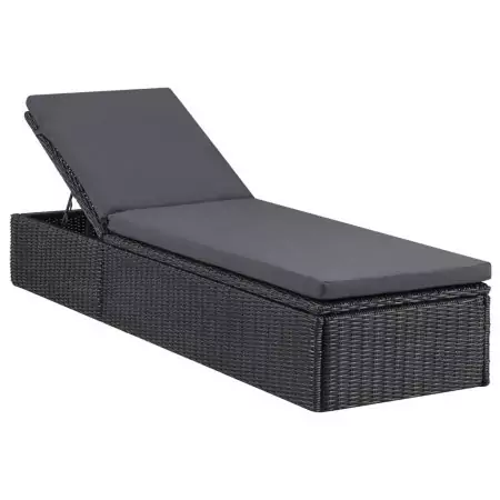 Lettino Prendisole in Polyrattan Nero e Grigio Scuro