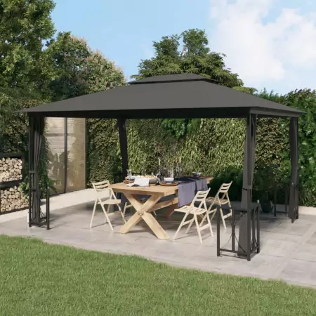 Gazebo con Teli Laterali e Doppio Tetto 3x4 m Antracite