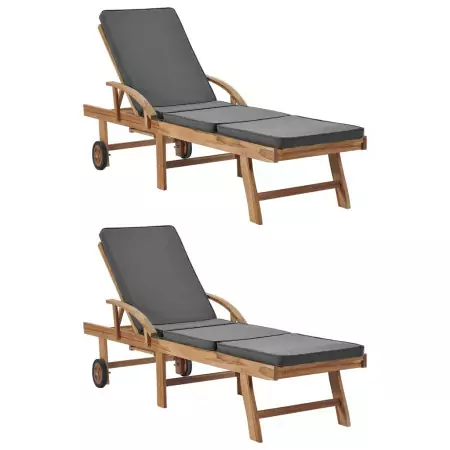 Lettini Prendisole con Cuscini 2 pz Legno di Teak Grigio Scuro