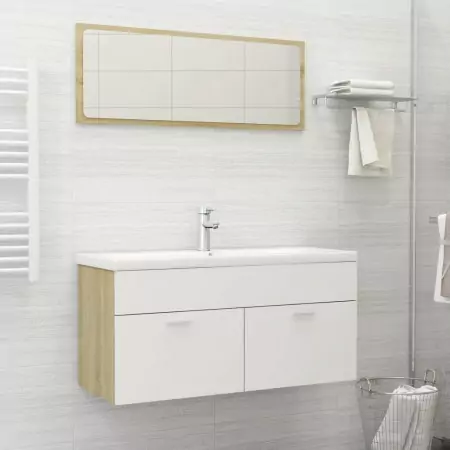 Set Mobili da Bagno 2 pz Bianco e Rovere Sonoma in Truciolato