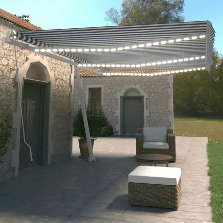 Tenda da Sole Retrattile Manuale con LED 600x350 cm Blu Bianco