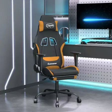 Sedia da Gaming Massaggi e Poggiapiedi Tessuto Nero e Arancione