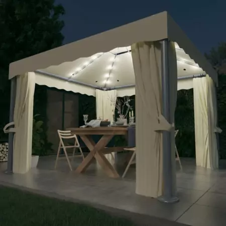 Gazebo con Tende e Stringa di Luci LED 3x3 m Bianco Crema