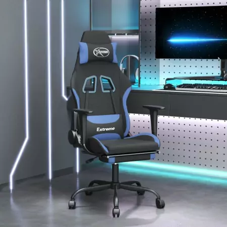 Sedia da Gaming con Poggiapiedi Nero e Blu in Tessuto