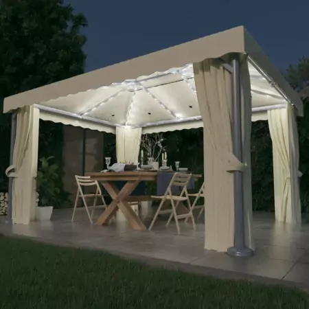 Gazebo con Tende e Stringa di Luci LED 4x3 m Bianco Crema