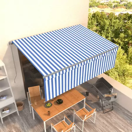 Tenda da Sole Retrattile Manuale e Parasole 4,5x3m Blu e Bianca