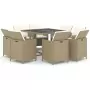 Set da Pranzo per Giardino 9 pz con Cuscini in Polyrattan Beige