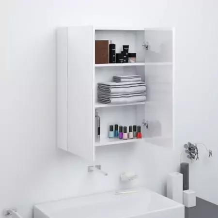 Armadietto a Specchio per Bagno 60x15x75 cm MDF Bianco Lucido