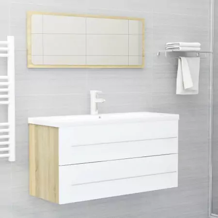 Set Mobili da Bagno 2 pz Bianco e Rovere Sonoma in Truciolato