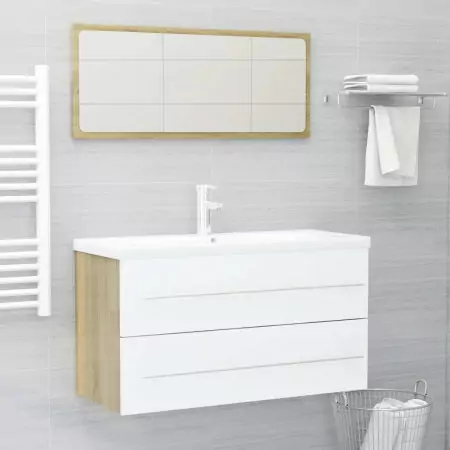 Set Mobili da Bagno 2 pz Bianco e Rovere Sonoma in Truciolato