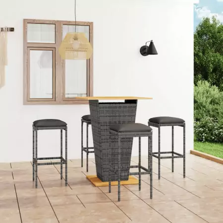 Set da Bar da Giardino 5 pz con Cuscini in Polyrattan Grigio