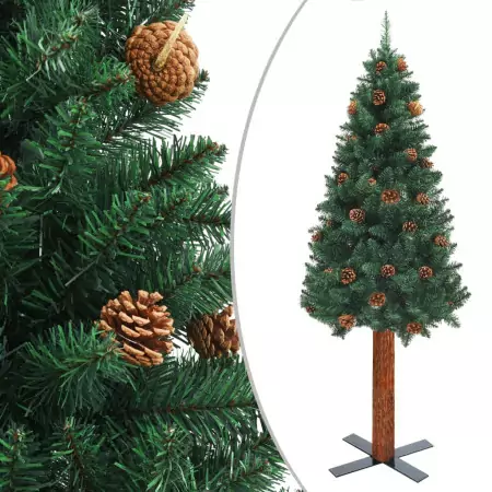 Albero di Natale Sottile con Legno Vero e Pigne Verde 150cm PVC