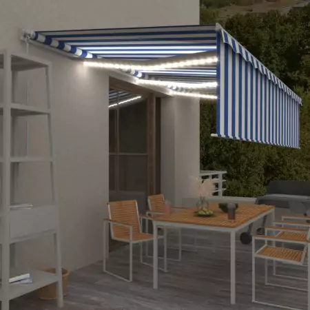 Tenda Retrattile Manuale con Parasole e LED 6x3m Blu Bianca