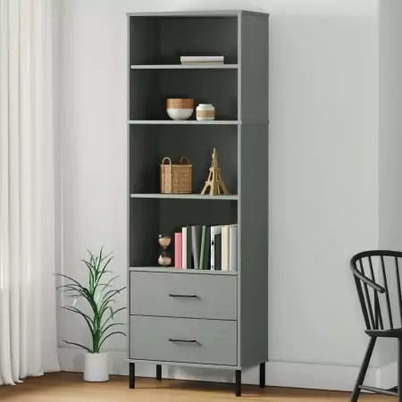 Libreria con 2 Cassetti Grigio 60x35x180 cm Legno Massello OSLO